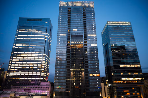 Modern city street with corporate buildings