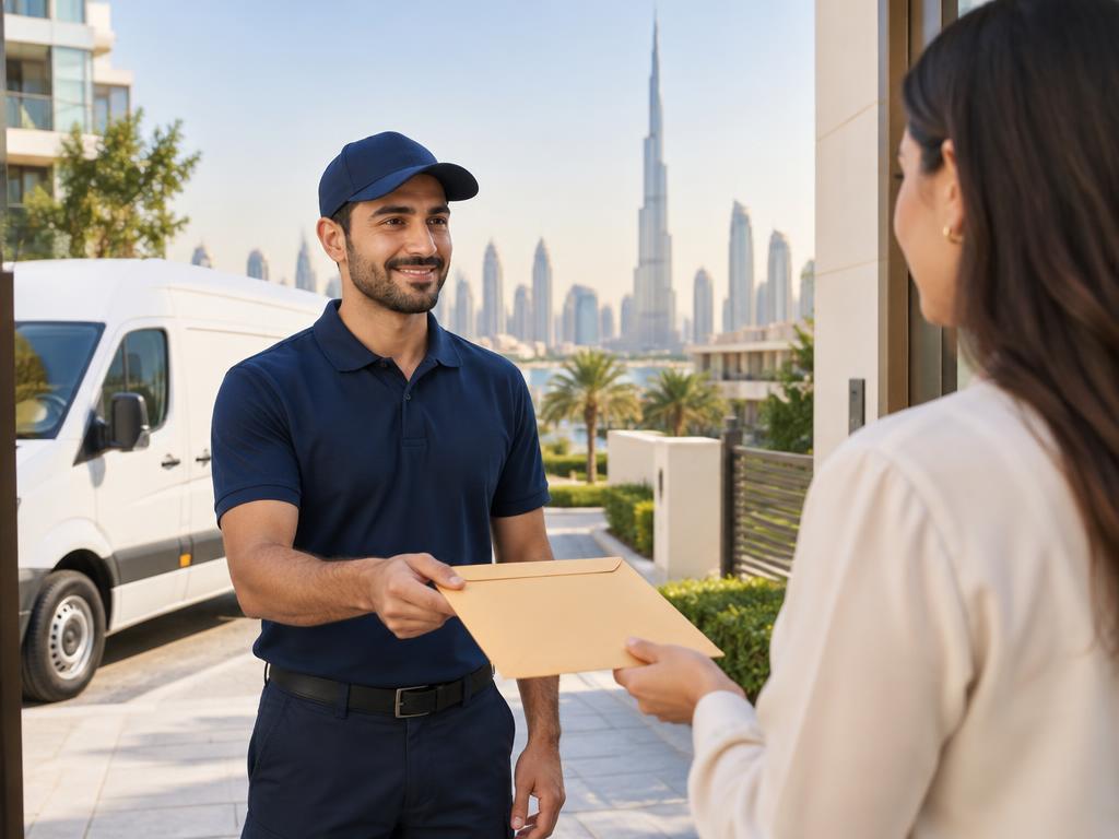 Benchmark Attestation Services courier handing over documents at a doorstep in Dubai